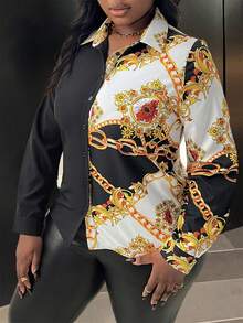 Slaydiva Camisa De Talla Grande Para Mujer Con Estampado De Cadenas Y Bloques De Color - Negro - Ver 4