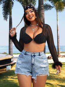 SHEIN ICON 大码破洞洗水牛仔短裤，适合夏季 - 淺色水洗藍 - 查看 6