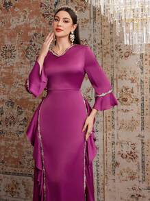 Modelyn Ladies' Gorgeous & Elegant Flared Cuff Bell-Sleeve Dress - Rose Red - View 4