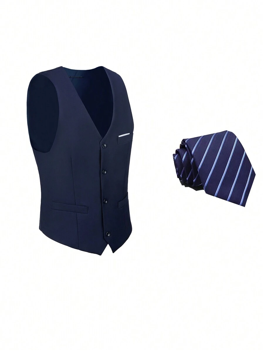 Furuyal 男士西装马甲，绅士纯色单排扣修身时尚婚礼西装马甲，男士马甲领带套装，商务派对旅行舞会，海军蓝，尺码 XS-3XL - 藏蓝色 - 查看 1