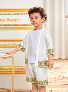 SHEIN Young Boys' Loose Casual Geometric Pattern Printed Long Sleeve Cardigan And Shorts Set - White - View 4