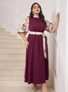 Modelyn Burgundy Red Plus Size Off-The-Shoulder Patchwork Stand Collar Dress Long Evening Dresses - Burgundy - View 4