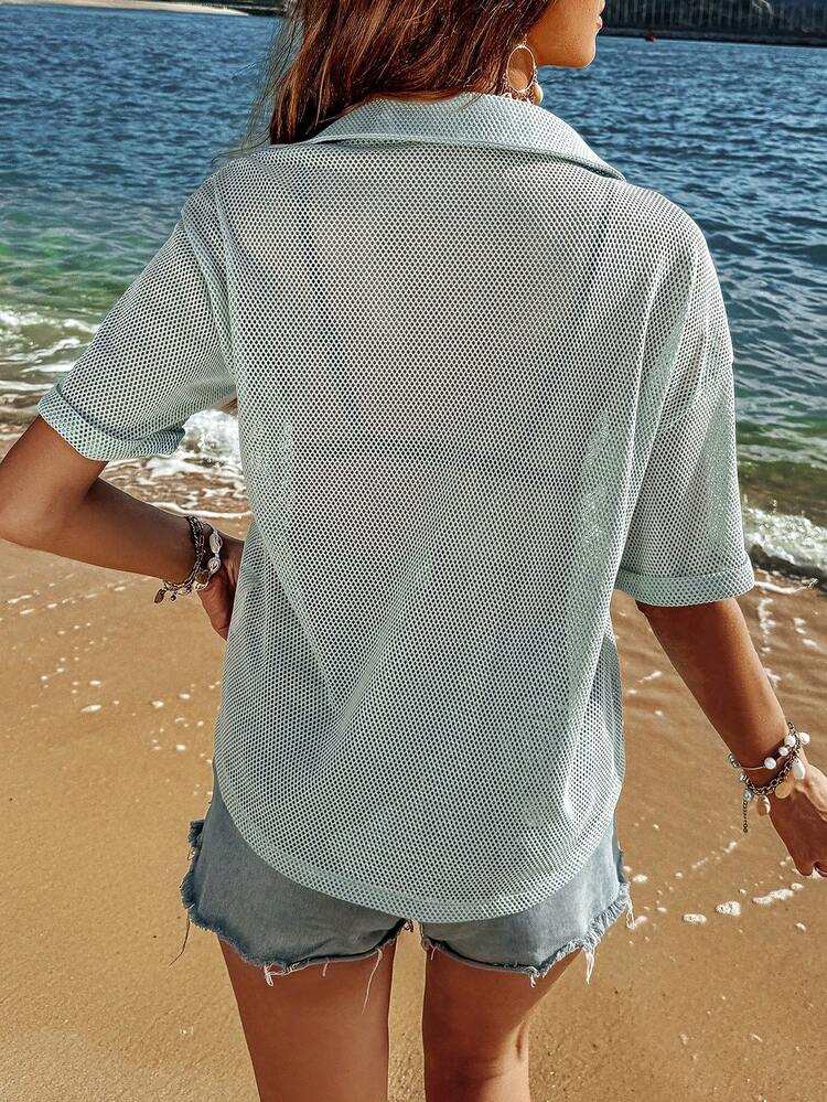 Mesh Button-Down Shirt With Pockets