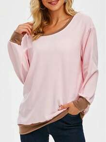 Plus Ribbed Trim Loose Sweatshirt Tops - Pink - View 1