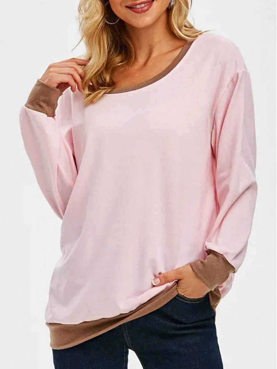 Plus Ribbed Trim Loose Sweatshirt Tops - Pink - View 1