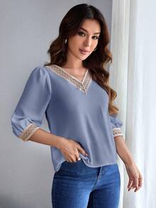 SHEIN LUNE Lace Insert V-Neck Blouse For Women - Dusty Blue - View 3