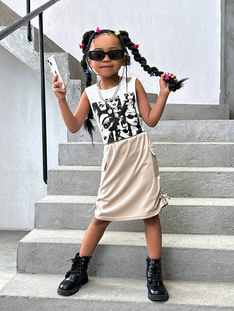 Young Girls' Printed Hollow Out Vest And Drawstring Pleated Skirt Set