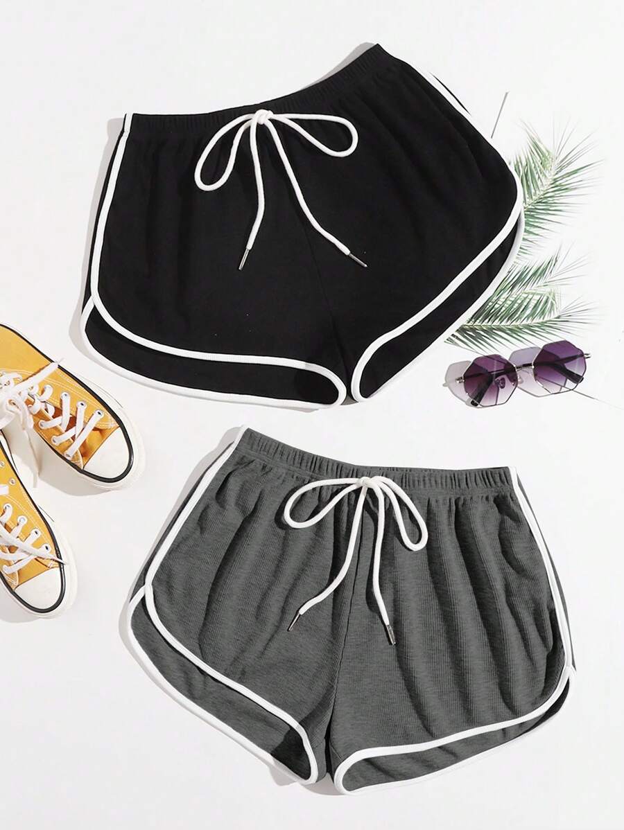 SHEIN EZwear Two-Piece Set Color Block Trim Elastic Waist Shorts - Dark Grey - View 1