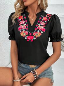 Breezaya 女性花卉刺繡蓬蓬袖襯衫 - 黑色 - 查看 3