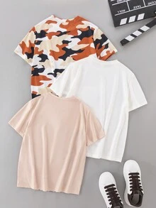 SHEIN 3 cái/bộ Cậu bé Tween Lỏng lẻo Ngụy trang In thư Ngắn tay Áo thun Với Vòng cổ - Nhiều màu - Xem 2