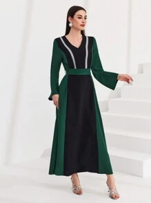 Al Najma Color Block Weaving Belt Patchwork Flare Sleeve Dress