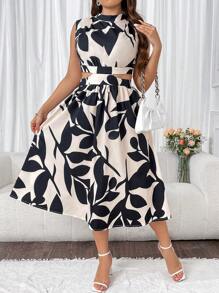 Breezaya 大尺碼女款立領植物印花側腰鏤空長洋裝 - 彩色 - 查看 6