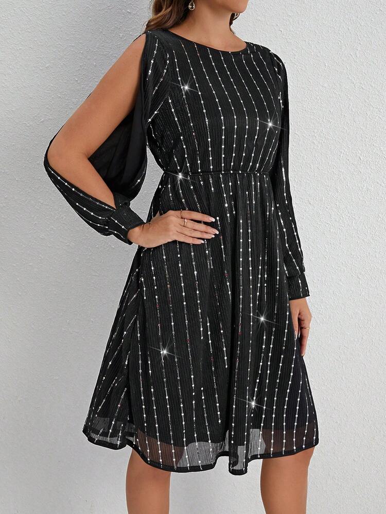 Ladies Silver Foil Open Shoulder Dress