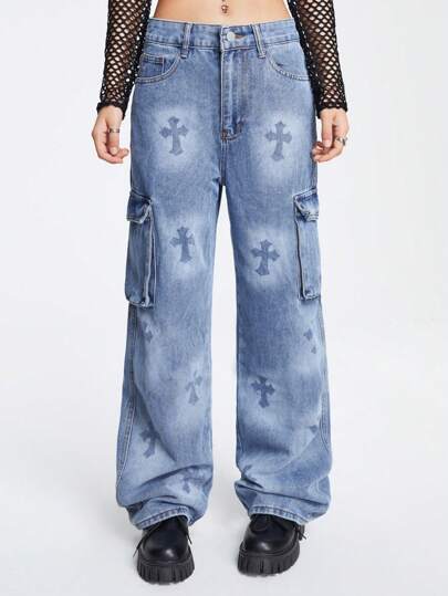 Grunge Punk Jean cargo croisé à imprimé poche à rabat