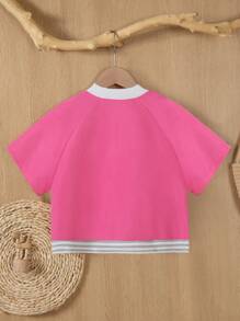 SHEIN Cô gái Tween Khối màu Lá thư In Tay Raglan Áo khoác - Màu Hồng Tươi - Xem 2