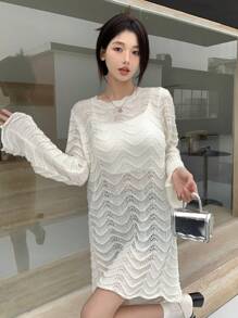 DAZY Vestido de suéter tejido corto de manga larga de unicolor y transparente con calado para mujeres