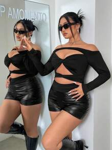 SHEIN ICON Plus Size Off Vai Knot & Chi tiết khoét rỗng Áo lò xo màu đen - màu đen - Xem 4