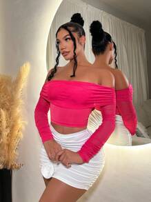 SHEIN SXY Của phụ nữ Gợi cảm Lưới Vòng cổ Áo ngoài vai Cho mùa hè Kỳ nghỉ - Màu Hồng Tươi - Xem 5