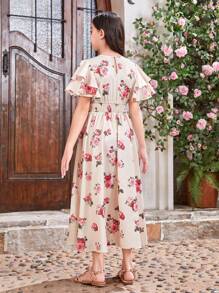 SHEIN Leap Crew 少女 V 领分层荷叶边袖腰部褶皱花卉印花连衣裙，母女配套服装（2 件单独出售） - 彩色 - 查看 4