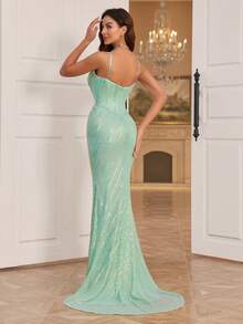 Vestido De Noche De Sirena Brillante Con Piezas De Hueso De Pez Y Dobladillo Con Volantes - verde menta - Ver 2