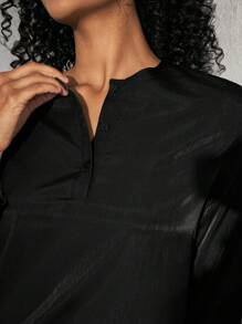 Ocili Leisure Women's Button Front Half Placket Long Sleeve Lounge Top - Black - View 3