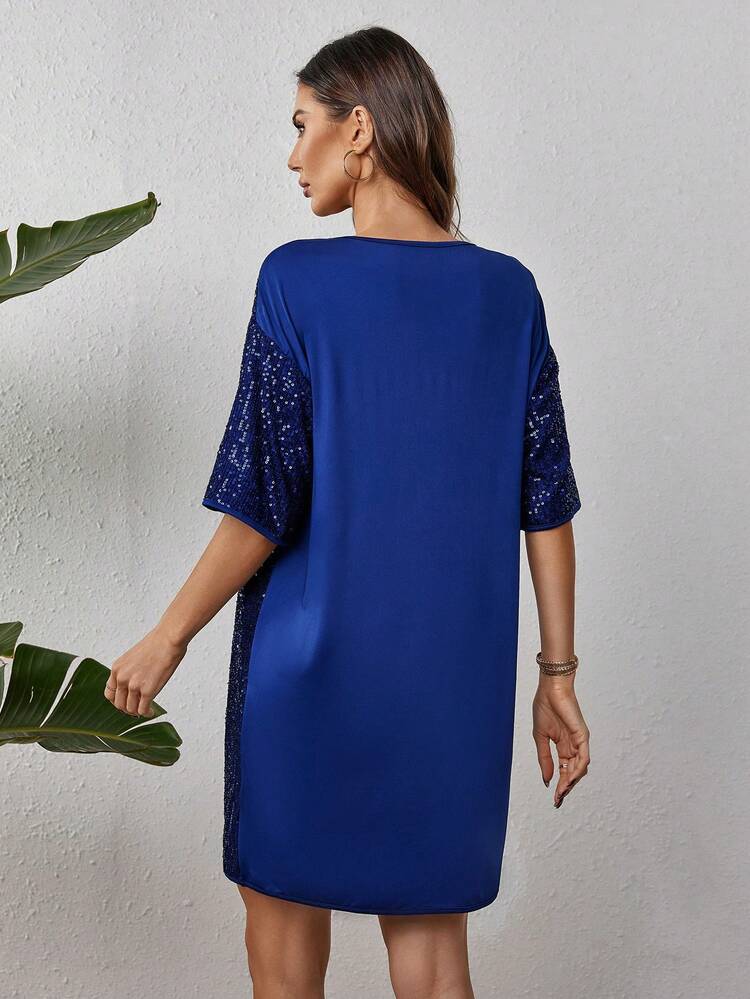 Loose Fit Drop-Shoulder T-Shirt With Striped Color Block And Sequin Embellishments