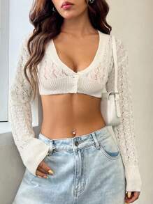 SHEIN EZwear Ladies' Long Sleeve Cropped Cutout Cardigan,Long Sleeve Tops,Off The Shoulder Sweater - Beige - View 4