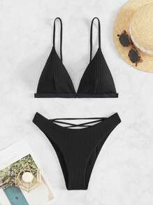 SHEIN Swim Set bikini a tinta unita in due pezzi, spiaggia estiva