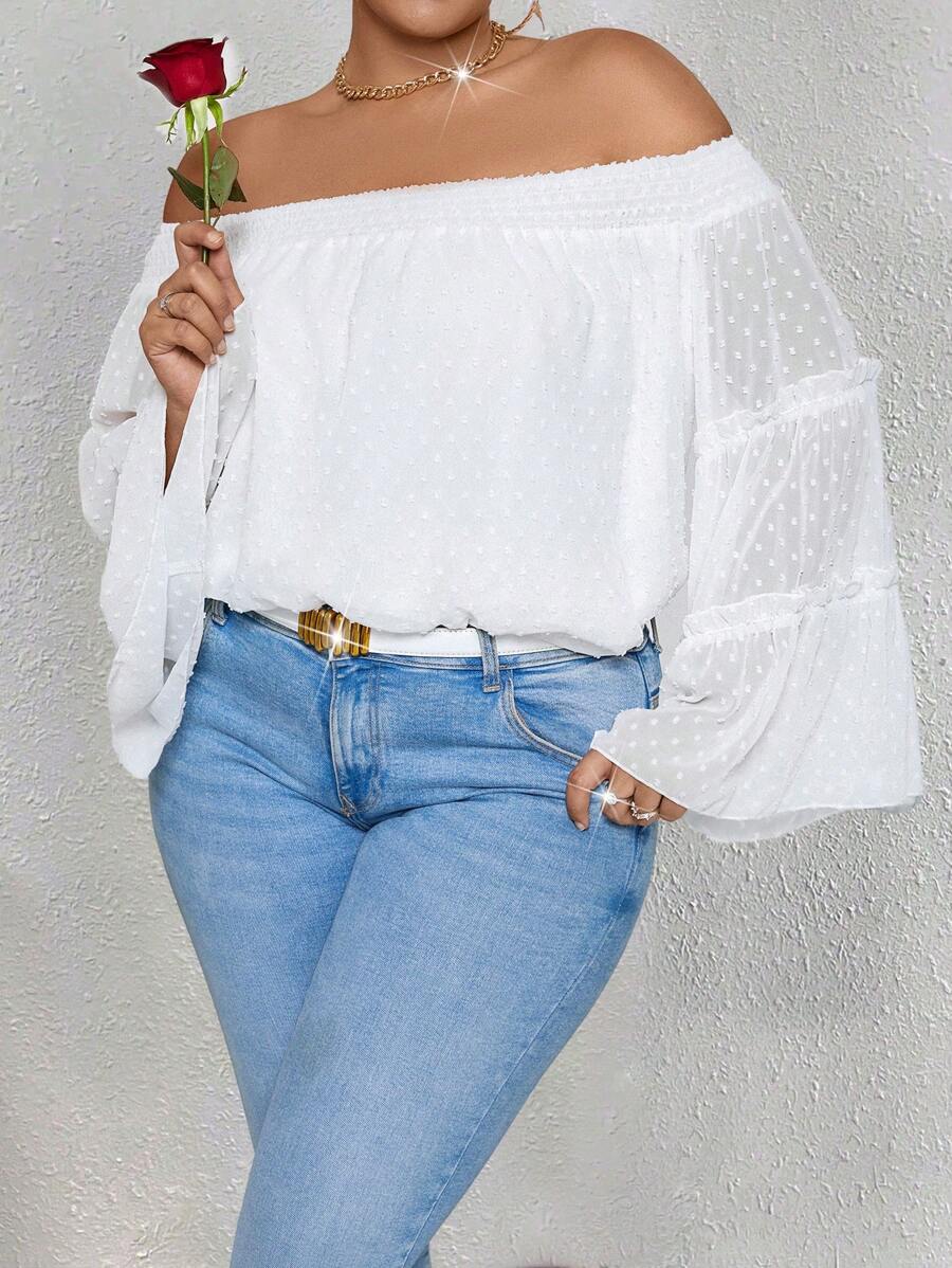 SHEIN Unity Plus Size Women'S Off Shoulder Flared Sleeve Top - White - View 1