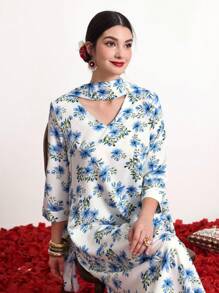 Divindia Women's Floral Print Hollow Out Dress Style Long Sleeve Kurta - Blue - View 6