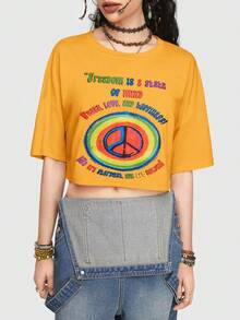 ROMWE Hippie Của phụ nữ Slogan In Vòng cổ Áo thun - Màu vàng - Xem 8