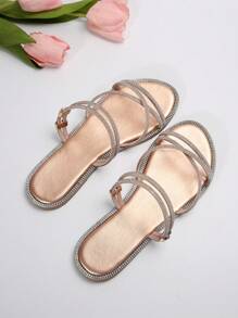 女式時尚金色平底涼鞋、拖鞋,適用於所有場合 - 金色 - 查看 6