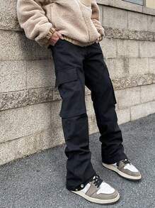 Manfinity Hypemode Men'S Solid Color Drawstring Waist Multi-Pocket Cargo Pants
