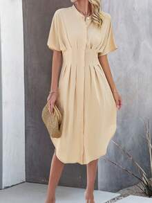SHEIN Clasi Của phụ nữ Màu thuần tay cánh Xếp li Đầm - Màu be - Xem 5