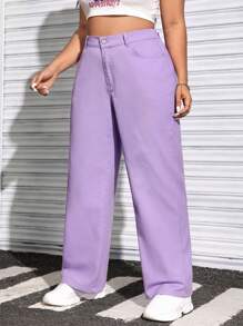 SHEIN EZwear 大尺碼休閒純色百搭牛仔褲 - 紫色 - 查看 6