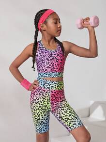 SHEIN 少女針織彩色豹紋背心和短褲運動套裝 - 彩色 - 查看 2