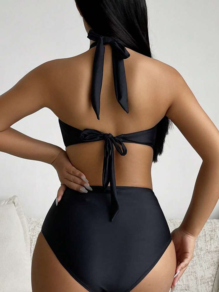 Ladies' Ruched Halter Neck Two Pieces Bikini Set Summer Beach