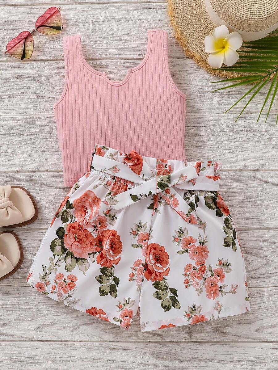 SHEIN Tween Girls' Casual Knitted Top And Floral Shorts Set For Spring ...
