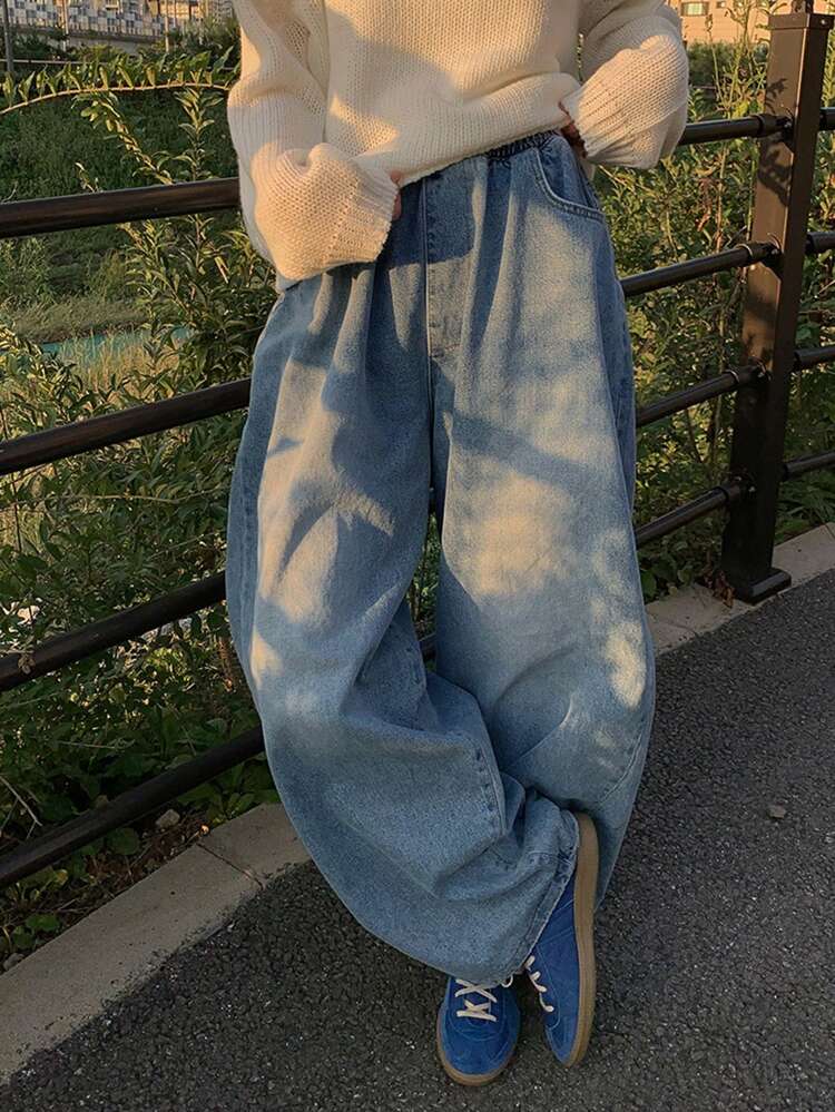 Women's Elastic Waist Wide Leg Loose Fit Jeans,Baggy Jeans