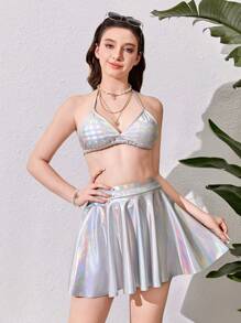 少女們多色綁頸比基尼套裝 - 銀色 - 查看 1