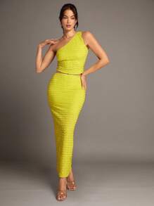 SHEIN BAE Green One-Shoulder Textured Slim-Fit Women's Top