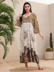 Al Najma 女士阿拉伯印花蝙蝠袖連衣裙 - 彩色 - 查看 5