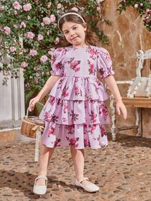 SHEIN Trẻ Cô gái Vòng cổ Ống tay áo Gấp ba Nhiều lớp Đầm Với Hình hoa , Mẹ & Phù hợp ( 2 Riêng biệt ) - Hồng - Xem 5