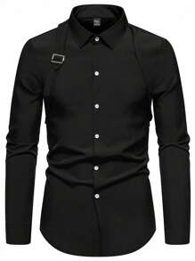 Manfinity AFTRDRK Men's Solid Long Sleeve Shirt, For Fall - Black - View 4