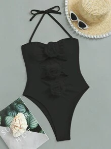 SHEIN Swim Summer Beach Ladies' One-Piece Swimsuit With 3d Floral Detail And Halter Strap - Black - View 1