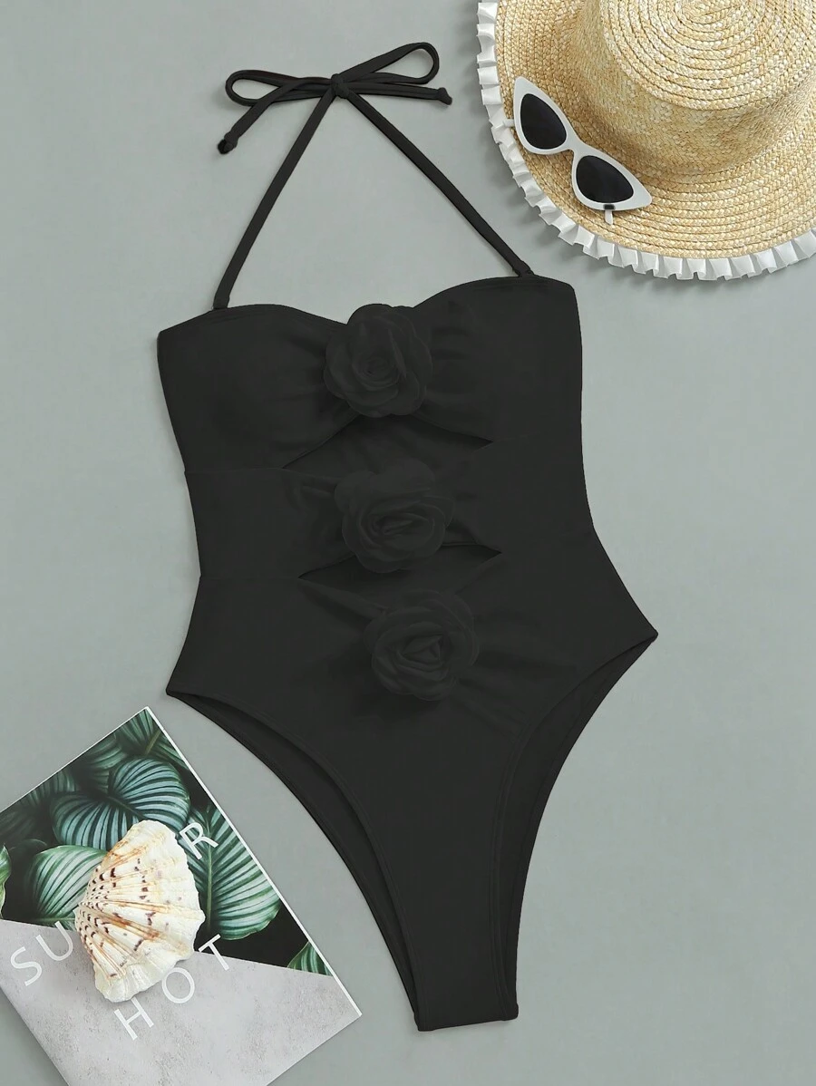 SHEIN Swim Summer Beach Ladies' One-Piece Swimsuit With 3d Floral Detail And Halter Strap - Black - View 1