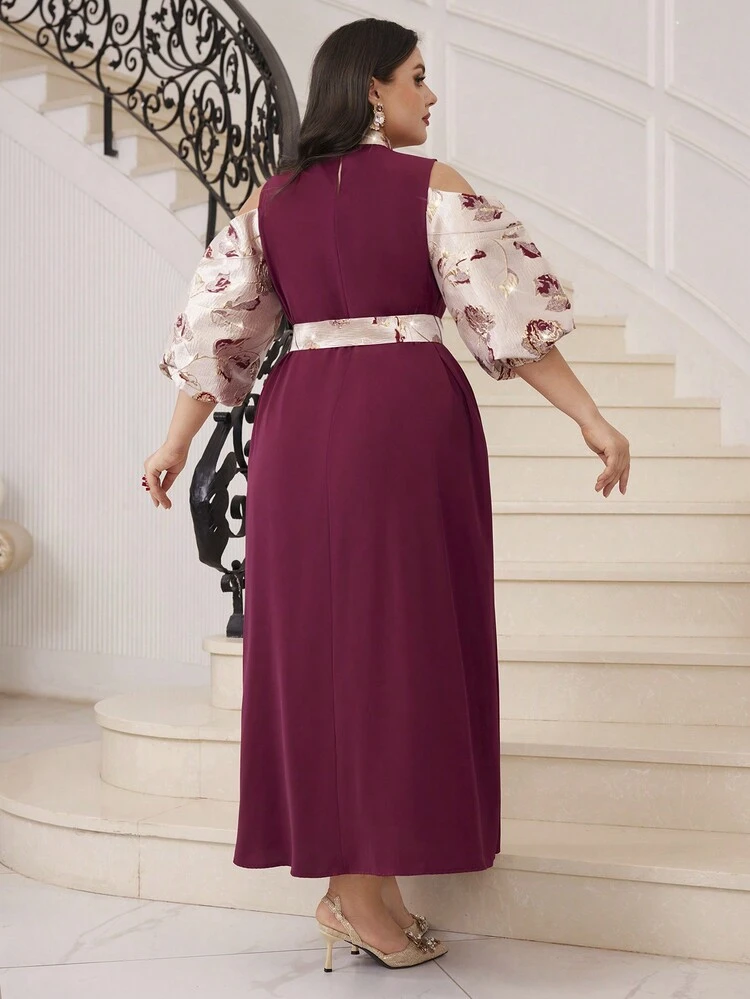 Burgundy Red Plus Size Off-The-Shoulder Patchwork Stand Collar Dress Long Evening Dresses