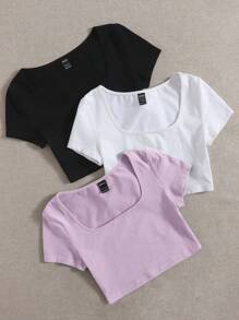 SHEIN EZwear 女士實色方領短袖t恤 - 淡紫色 - 查看 4