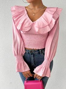 Chiquease 女款純色荷葉邊領抽褶襯衫