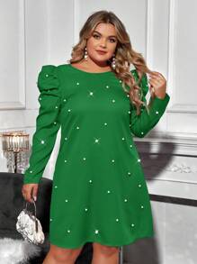SHEIN Clasi Kích thước lớn Của phụ nữ Kết cườm Tay áo chân cừu Đầm - màu xanh lá - Xem 3